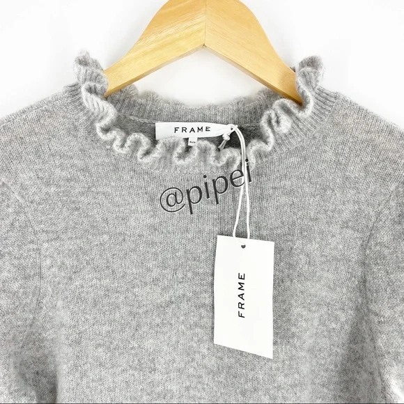 SOLD - NWT Frame Josefine Ruffle Neck Puff Sleeve Cashmere Sweater in Grey S - Picture 6 of 14